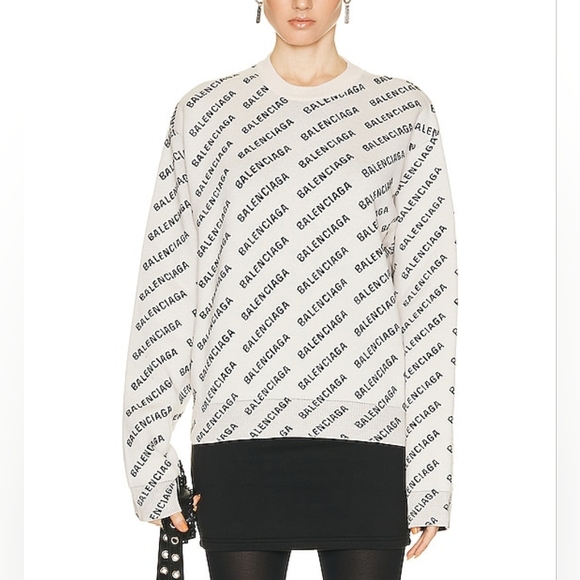 Balenciaga L XL White Chalk All Over Mini Logo Print Knit Sweater Wool Cotton IT - Picture 13 of 16